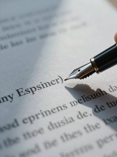 Macro close-up of thick official administrative paper with elegant typography and a fountain pen, cool diffused daylight, silver reflections.