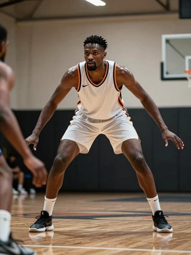 Tall African power forward in defensive stance under indoor arena lighting, hands wide, knees bent, intense focus on an off-screen opponent, hardwood floor reflections visible below