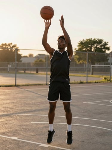 Young African shooting guard mid-jump shot release on an outdoor concrete court, golden hour backlighting, ball leaving fingertips at peak of jump, chain-link fence visible in soft background