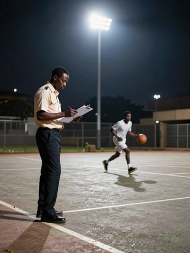 Wide sideline shot of a scout reviewing a clipboard beside an outdoor African concrete court under strong overhead stadium lighting, a player mid-dribble in sharp focus behind him, urban architecture visible at court edge
