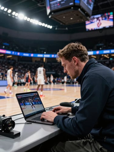 Wide cinematic courtside view, a scout in a dark jacket leaning over a laptop reviewing player footage at the scorer's table, stadium broadcast lights overhead, blurred athletic figures on the court behind, shallow depth of field, high-contrast sports photography