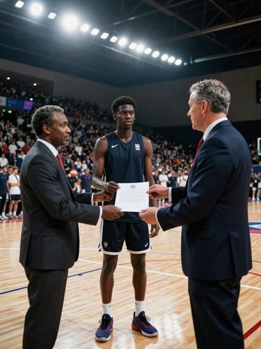 Wide athletic court under stadium floodlights, a young African male basketball player standing at half-court receiving a signed document from a university official in formal attire, the player's expression locked in composed determination, crowd visible in background bokeh, strong overhead broadcast key lighting, framed left-heavy with open space on the right edge bleeding to canvas
