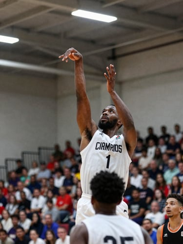 African center player rising for a shot block in packed indoor gym, broadcast lighting overhead, arm extended at maximum reach, opponent below, crowd blur in the background
