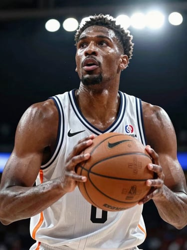 Close-up action shot of a tall African basketball player driving to the basket under bright stadium lights, ball gripped at chest height, sweat visible, intense expression mid-play, dark court background