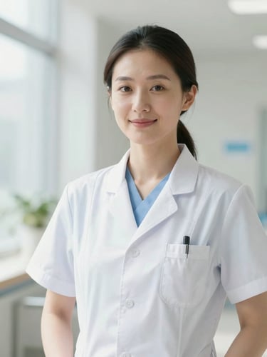 Professional portrait of a calm, reassuring female medical director in clean modern clinical attire, smiling gently, in a brightly lit hospital setting with soft natural daylight, medium shot, sharp focus.
