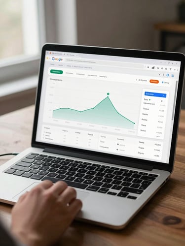 Medium shot of an open laptop on a desk, Google Analytics dashboard visible on screen showing conversion funnel data, soft window-diffused daylight from the left, a finger resting lightly on the trackpad