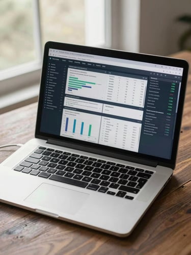 Wide overhead view of a laptop open to a multi-channel analytics dashboard, soft window-diffused daylight, data rows visible on screen, no people