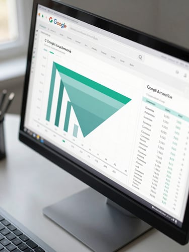 Close-up overhead view of a work-in-progress analytics report on a monitor — Google Analytics acquisition funnel columns, session data, and conversion events highlighted in muted teal — on a clean desk with a trackpad partially in frame, soft overcast daylight from the left