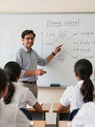 A bright professional classroom in Lucknow, an experienced biology teacher explaining a diagram on a whiteboard to focused students, warm natural daylight, 35mm lens