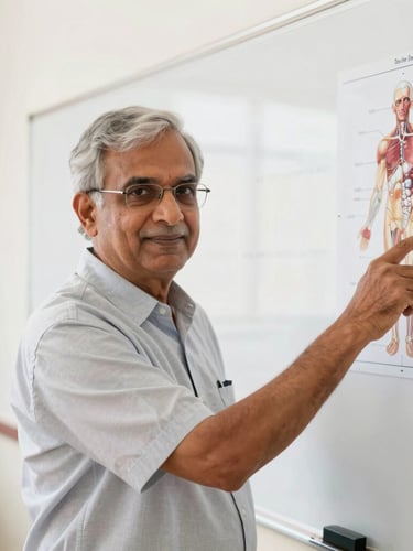 Medium portrait of a senior Indian biology teacher pointing at an anatomical diagram on a bright classroom whiteboard, warm professional lighting, 35mm lens.
