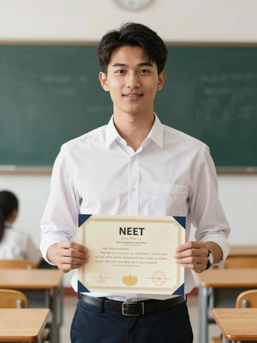 A proud NEET topper holding a certificate, bright academic classroom setting, natural daylight, professional portrait style, 35mm lens