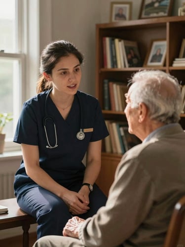 Close view from the left edge, natural window light falling across a staff member mid-conversation with a seated elderly resident in a warmly furnished room, personal books and framed photos visible on shelves behind them, late afternoon glow