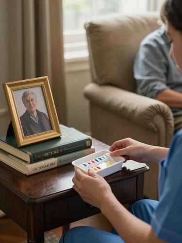 Close environmental shot inside a resident's room at Hawthorn House — personal books and a framed photograph on a side table, a staff member's hands gently adjusting a medication tray in the foreground, warm indirect window light, the resident partially visible in an armchair in the background, lived-in and unhurried