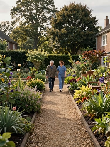 Wide view of a residential care home garden in soft morning light, a resident and staff member walking a gravel path between established plantings, seen from a slight distance, warm natural daylight filtering through mature trees