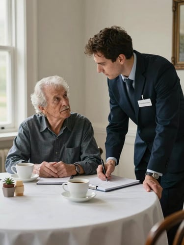 Close environmental shot of an adult son and an elderly resident seated at a round dining table at Hawthorn House, a staff member leaning in mid-conversation, coffee cups and a notebook on the table, indirect natural light from a window at the left edge