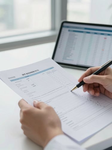 Close-up of hands reviewing printed medical charts next to a tablet showing clean financial analytics, bright natural window light, muted professional tones.