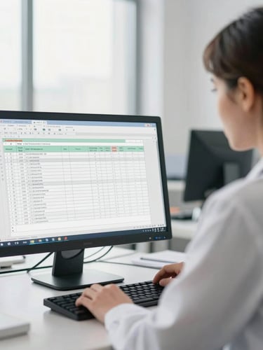 An over-the-shoulder shot of a focused medical administrator analyzing billing screens under bright natural window light, clean office environment, muted professional tones.