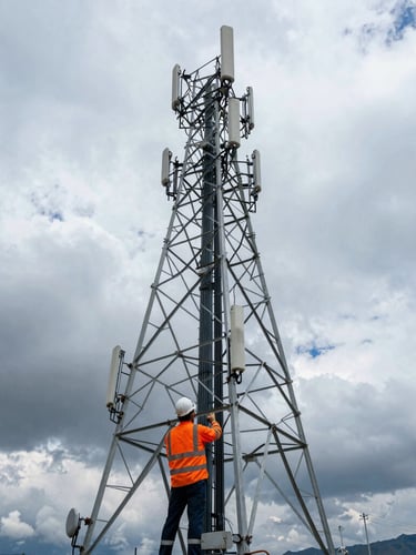 Wide-angle industrial engineering photography, an engineer in high-vis safety gear inspecting a massive telecom tower against a dramatic Andean sky, cool steel tones