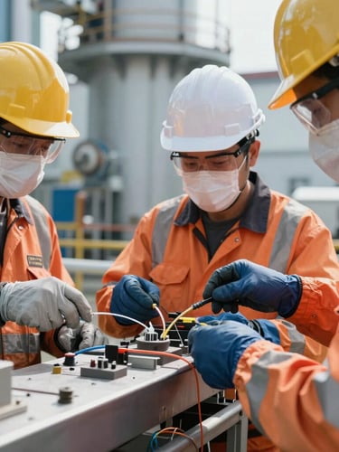 Close-up of Colombian engineers in protective gear executing a fiber optic splice at an industrial site, daylight, technical precision focus