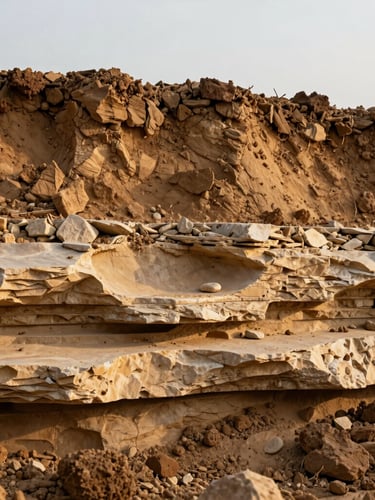 Close-up of raw earth and layered limestone strata under bright overcast daylight, showcasing soil texture and structural viability.