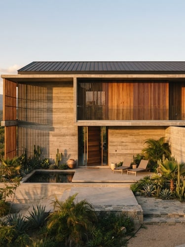 Wide-angle architectural elevation of a modern concrete and timber residence in Mexico at golden hour, casting long clean shadows, minimalist facade, 35mm