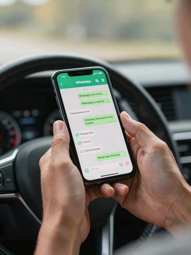 Close-up of a driver's hands holding a mobile phone showing a WhatsApp conversation, vehicle dashboard visible in soft focus behind, warm morning cabin light