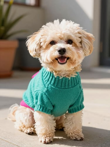 A happy small fluffy dog sitting happily on a sunny patio wearing a vibrant teal knitted sweater, eye-level shot, warm natural daylight, shallow depth of field, 35mm