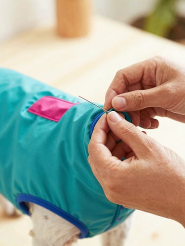 Close-up of hands carefully stitching a colorful teal dog vest in a bright, sunlit family workshop in Celaya, warm lighting, shallow depth of field