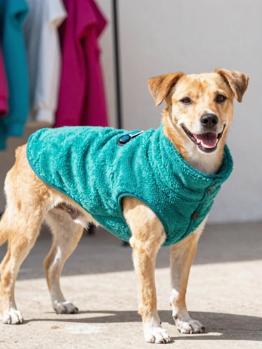Candid eye-level shot of a happy three-legged dog wearing a custom-fit vibrant teal fleece vest, bright natural daylight, Celaya workshop background, 35mm