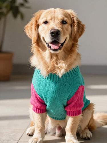 Bright cheerful pet photography, a happy golden retriever wearing a colorful teal knitted sweater, sitting comfortably under warm natural daylight, 35mm