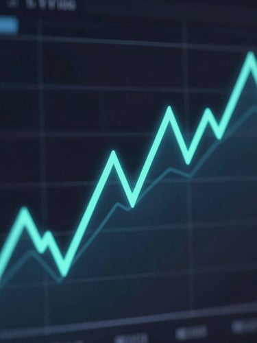 Sleek dark-mode 3D render of financial charts, neon electric blue and mint green lines, high-contrast tech aesthetic, octane render