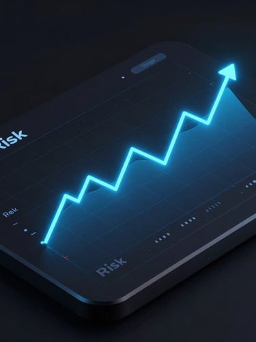 sleek dark-mode 3d render, neon electric blue chart lines, close-up isometric view of a risk calculation interface, high-contrast tech aesthetic, octane render, 8k
