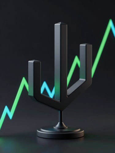 Sleek dark-mode 3d render of a clean geometric candlestick chart with neon green and blue accent lines, high-contrast tech aesthetic, octane render, 8k