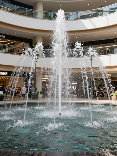 Wide environmental shot from ground level looking across a large musical fountain installation inside a modern Indonesian mall atrium, jets of water arching mid-air under natural skylight flooding the space, surrounding retail facades and upper-level balconies visible in background, midday natural light, no people