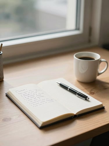 Wide environmental shot of an organized office desk in natural window light, a notepad open with handwritten notes, a pen resting beside it, a coffee mug slightly off to the right, no people, calm and structured