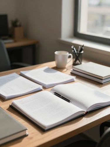 Wide environmental shot of an organized office desk from a slight left angle, natural daylight streaming through a window to the right, papers and a notebook neatly arranged in the foreground, a coffee mug and pen holder visible mid-frame, warm ambient light casting soft shadows across the surface