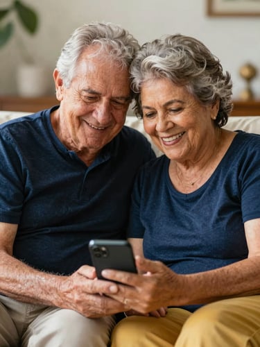 A warm, natural portrait of a smiling retired Brazilian senior couple sitting together on a comfortable couch, holding a smartphone, soft natural daylight, shallow depth of field, navy and gold tones in the background