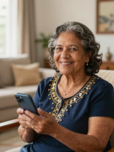 Warm portrait of an active, smiling Brazilian retired woman in a sunlit living room, holding a smartphone with a reassuring expression.