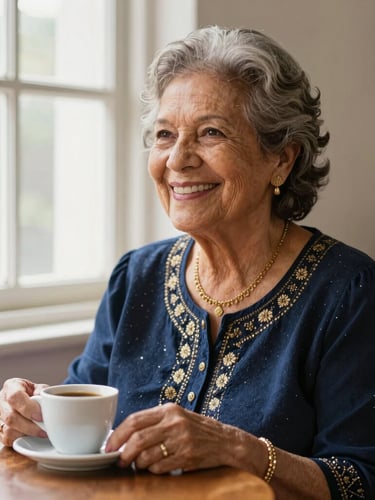 An elegant Brazilian retired woman smiling warmly, sitting by a wooden table with a cup of coffee, soft morning light filtering through a window, highly detailed editorial photography, navy accents