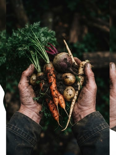 Wide portrait of a farmer's hands gently holding a handful of freshly harvested root vegetables, rich soil visible, soft natural light, deep shadows, matte texture, 35mm lens.
