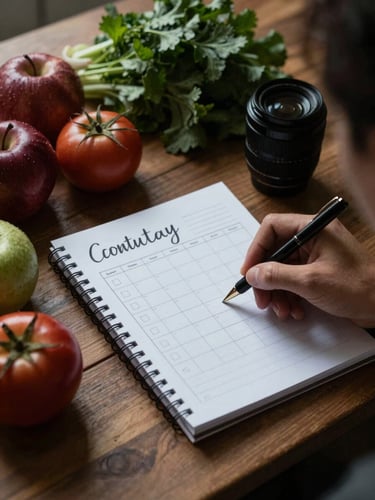 Medium shot of a marketing strategist sketching a content calendar on a notepad, surrounded by fresh produce on a wooden table, soft natural light, deep shadows, matte texture, 35mm lens.