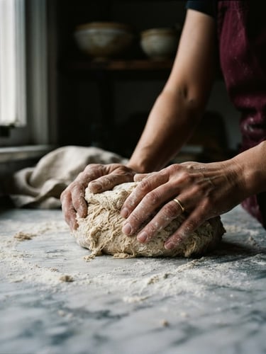 Close-up of hands kneading sourdough on a floured marble counter, soft natural morning light from a side window, deep shadows, moody editorial style, 35mm lens
