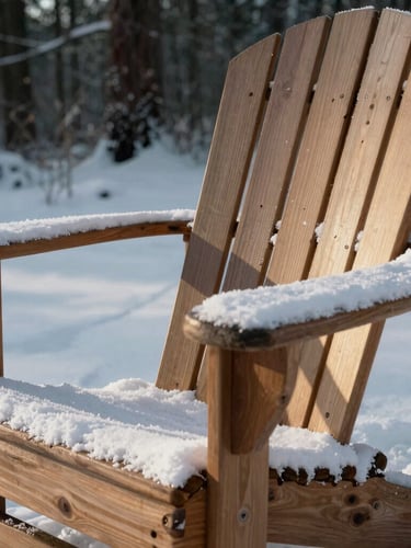 Close-up of a heavy cedar wood Adirondack chair dusted with fresh winter snow, morning light casting deep shadows, rugged editorial photography, 35mm