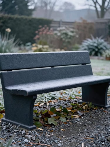 A heavy-duty freestanding storage bench sitting on real gravel in a frost-covered morning garden, soft overcast daylight, 35mm