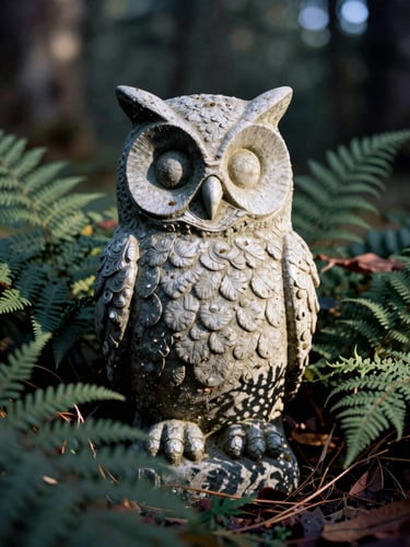 A thick-cut resin garden statue of an owl nestled in wild ferns, low-angle morning sun casting deep shadows, rugged editorial, 35mm