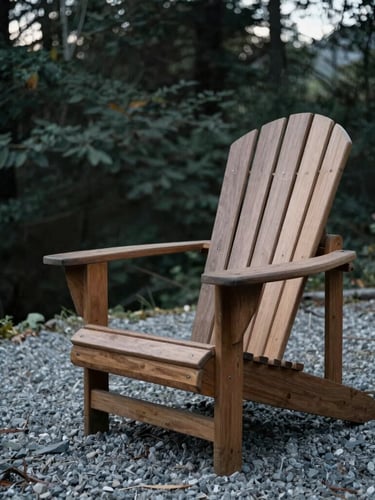 A heavy-set cedar Adirondack chair sitting on real grey gravel under soft morning overcast light, deep forest foliage in the background, 35mm editorial photography
