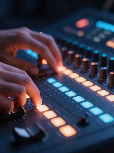 Close-up of hands adjusting a professional color grading console, glowing control knobs, moody dark studio setting