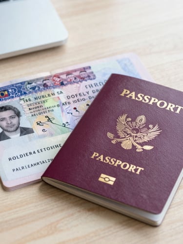 A close-up of official visa stamps and passports on a clean wooden desk, bright natural daylight, sharp focus on the document textures, professional and optimistic