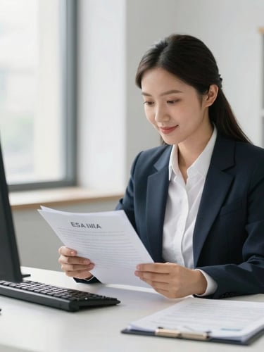A professional visa specialist reviewing documents in a bright, modern office, natural daylight, clean corporate tones, 35mm lens