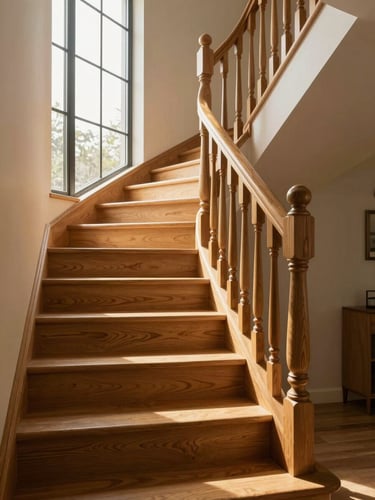 Environmental wide shot looking up a finished oak staircase, golden-hour side light streaming from a tall window and raking across the tread nosing profiles and turned balusters, grain detail sharp on the newel post cap, the staircase receding into the upper floor as part of the house structure